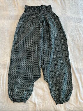 Moroccan Boho Geometric Harem Pants in Teal, Black, and Silver